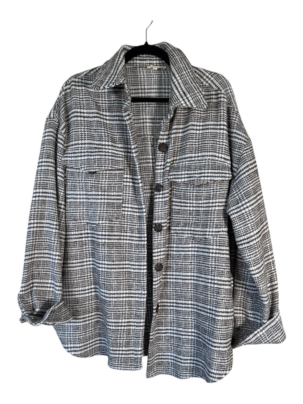 La Mei Brown Cream Plaid Flannel Shirt Jacket Women L Shacket Fall Casual Grunge